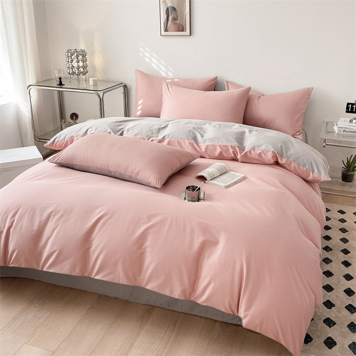 91家纺网 家纺一手货源 找家纺 眠帛 2023新款A类水洗棉拼色四件套—简系列 简--豆沙灰