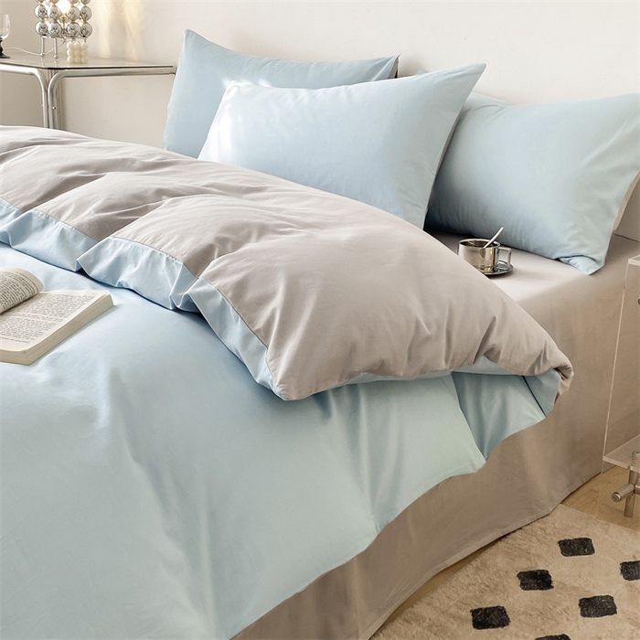 91家纺网 家纺一手货源 找家纺 眠帛 2023新款A类水洗棉拼色四件套—简系列 简--繁星蓝灰