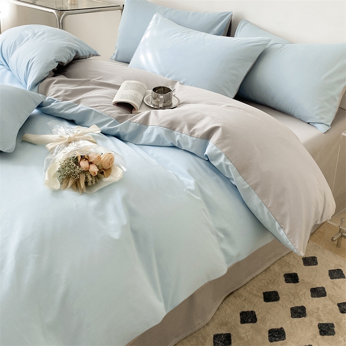 91家纺网 家纺一手货源 找家纺 眠帛 2023新款A类水洗棉拼色四件套—简系列 简--繁星蓝灰