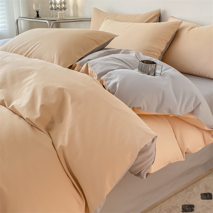 91家纺网 家纺一手货源 找家纺 眠帛 2023新款A类水洗棉拼色四件套—简系列 简--奶茶灰