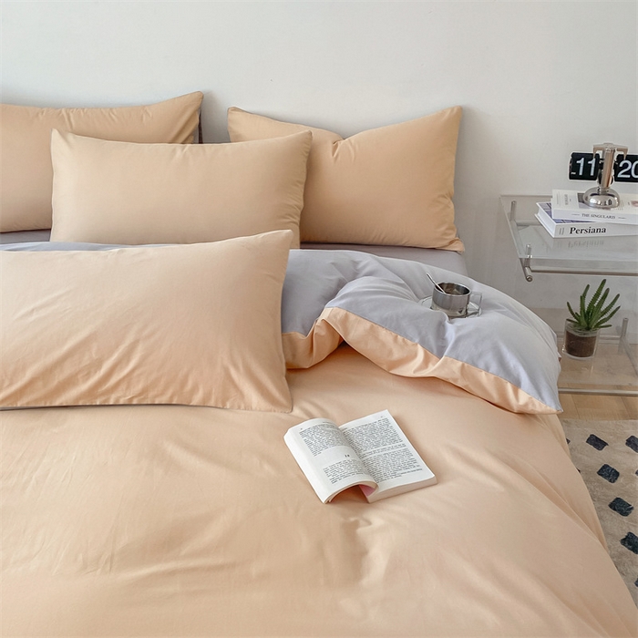 91家纺网 家纺一手货源 找家纺 眠帛 2023新款A类水洗棉拼色四件套—简系列 简--奶茶灰