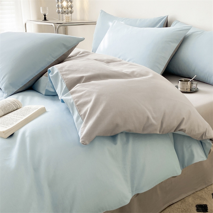 91家纺网 家纺一手货源 找家纺 眠帛 2023新款A类水洗棉拼色四件套—简系列 简--繁星蓝灰