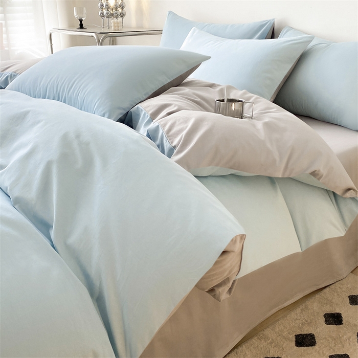 91家纺网 家纺一手货源 找家纺 眠帛 2023新款A类水洗棉拼色四件套—简系列 简--繁星蓝灰