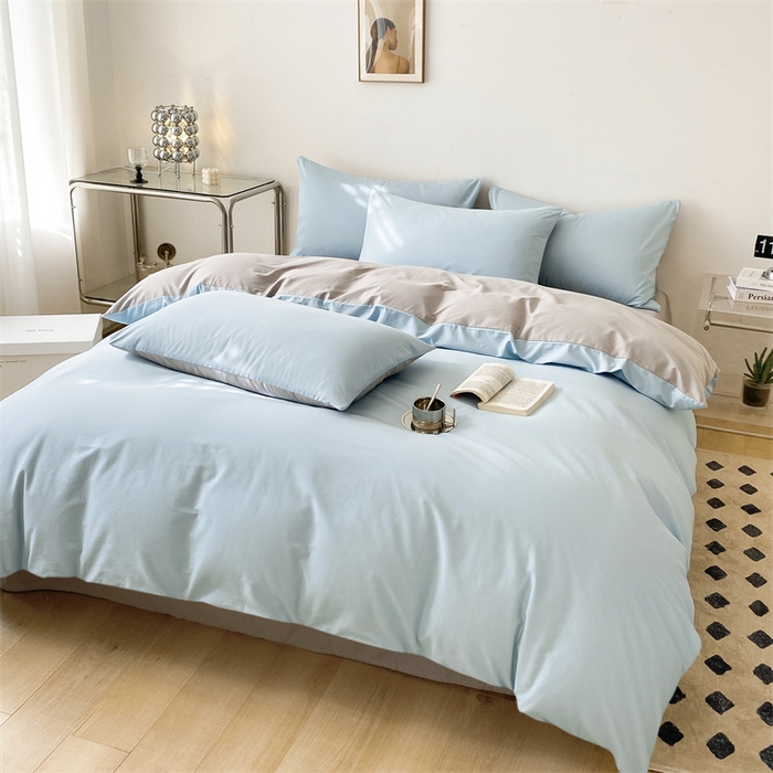 91家纺网 家纺一手货源 找家纺 眠帛 2023新款A类水洗棉拼色四件套—简系列 简--繁星蓝灰