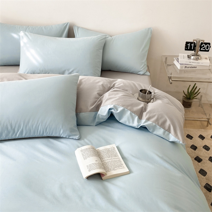 91家纺网 家纺一手货源 找家纺 眠帛 2023新款A类水洗棉拼色四件套—简系列 简--繁星蓝灰