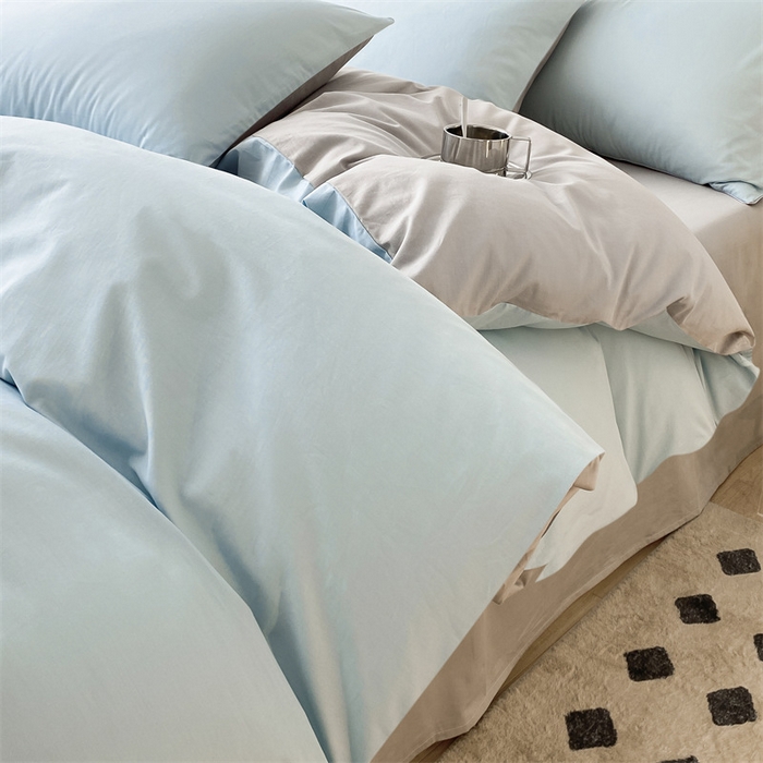 91家纺网 家纺一手货源 找家纺 眠帛 2023新款A类水洗棉拼色四件套—简系列 简--繁星蓝灰