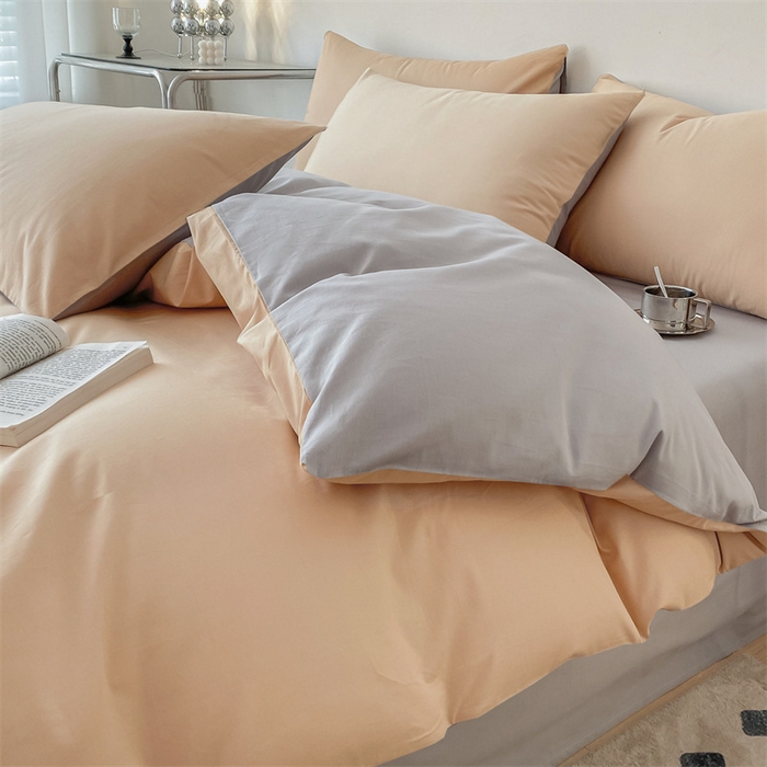 91家纺网 家纺一手货源 找家纺 眠帛 2023新款A类水洗棉拼色四件套—简系列 简--奶茶灰