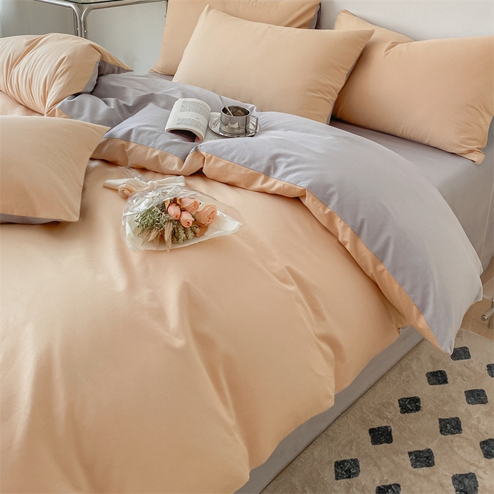 91家纺网 家纺一手货源 找家纺 眠帛 2023新款A类水洗棉拼色四件套—简系列 简--奶茶灰