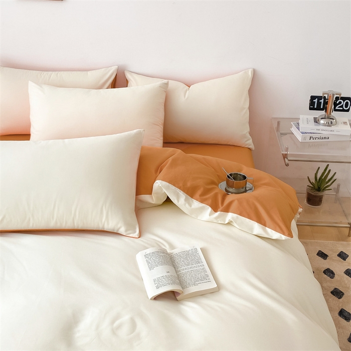 91家纺网 家纺一手货源 找家纺 眠帛 2023新款A类水洗棉拼色四件套—简系列 简--奶黄焦糖