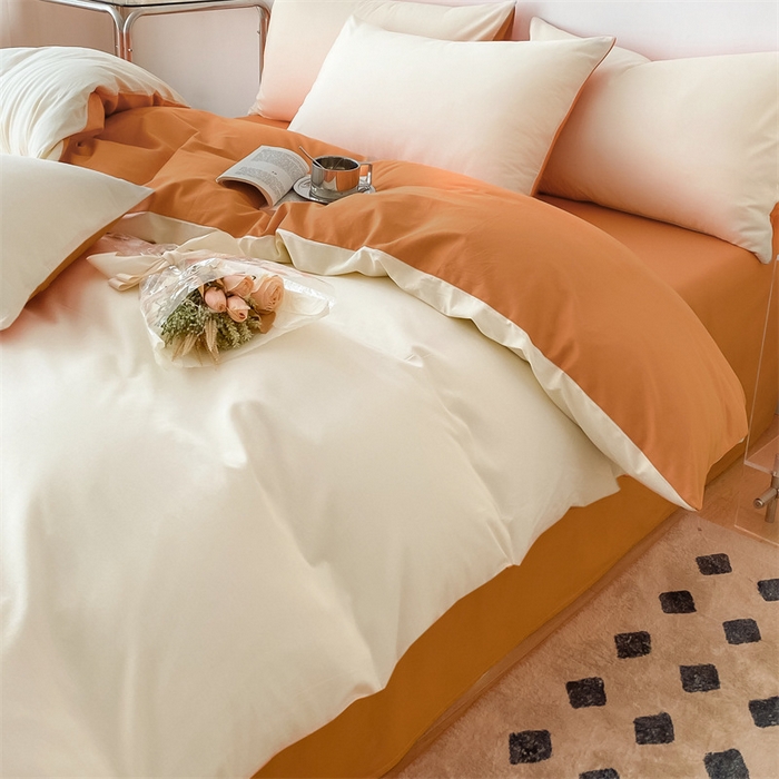 91家纺网 家纺一手货源 找家纺 眠帛 2023新款A类水洗棉拼色四件套—简系列 简--奶黄焦糖