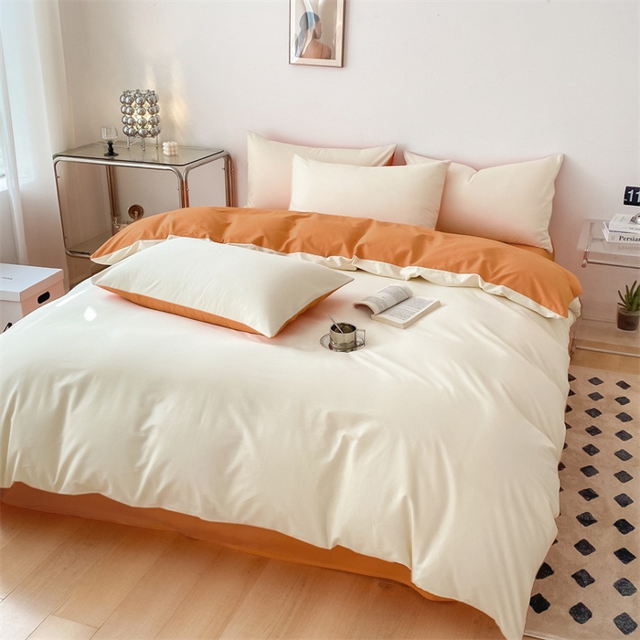 91家纺网 家纺一手货源 找家纺 眠帛 2023新款A类水洗棉拼色四件套—简系列 简--奶黄焦糖