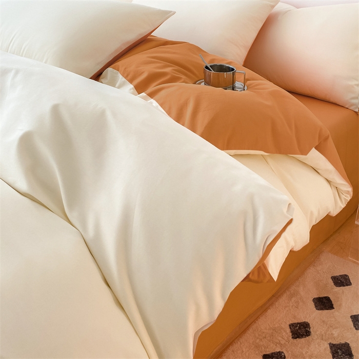 91家纺网 家纺一手货源 找家纺 眠帛 2023新款A类水洗棉拼色四件套—简系列 简--奶黄焦糖