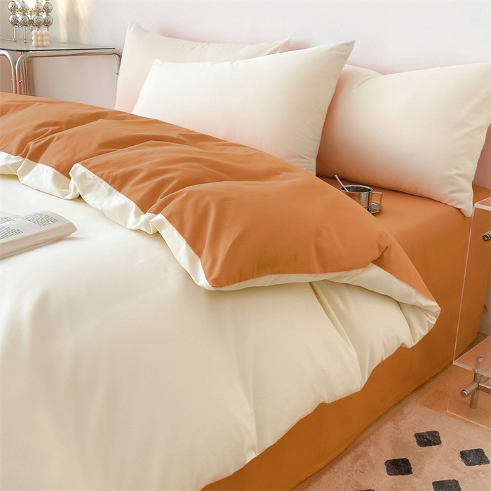 91家纺网 家纺一手货源 找家纺 眠帛 2023新款A类水洗棉拼色四件套—简系列 简--奶黄焦糖