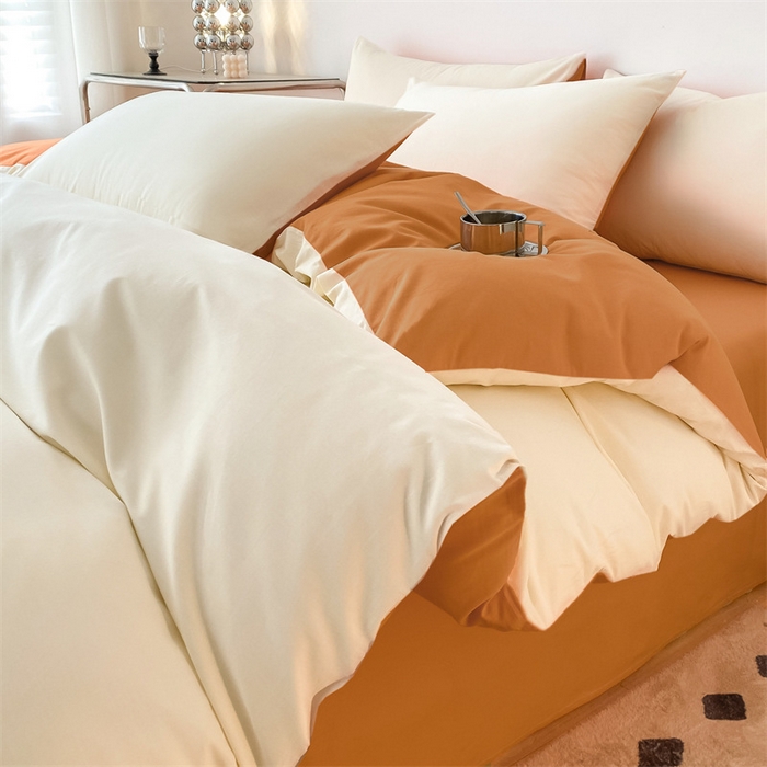 91家纺网 家纺一手货源 找家纺 眠帛 2023新款A类水洗棉拼色四件套—简系列 简--奶黄焦糖