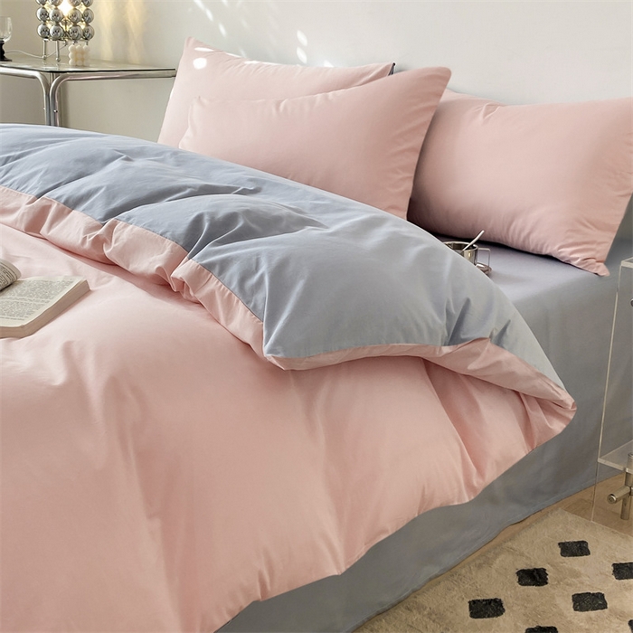 91家纺网 家纺一手货源 找家纺 眠帛 2023新款A类水洗棉拼色四件套—简系列 简--奶油粉蓝灰