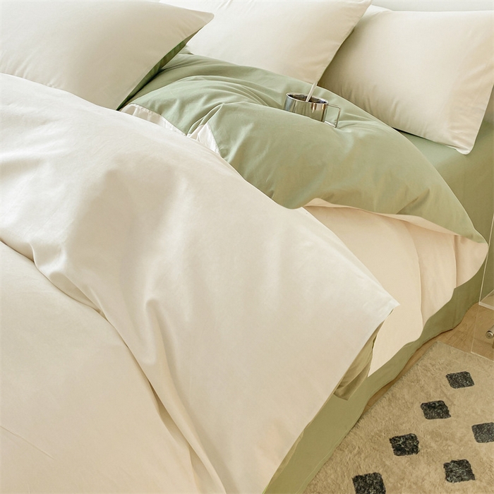 91家纺网 家纺一手货源 找家纺 眠帛 2023新款A类水洗棉拼色四件套—简系列 简--奶昔白奶油绿