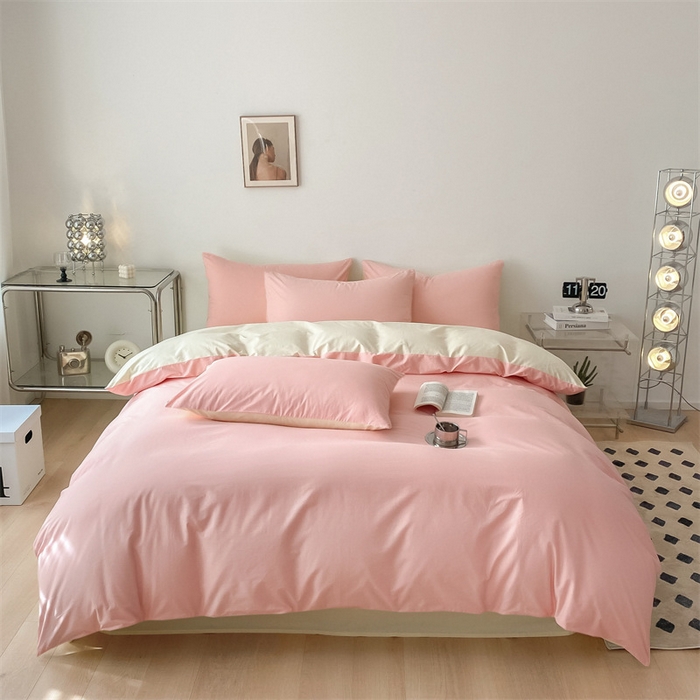 91家纺网 家纺一手货源 找家纺 眠帛 2023新款A类水洗棉拼色四件套—简系列 简--奶油粉奶黄