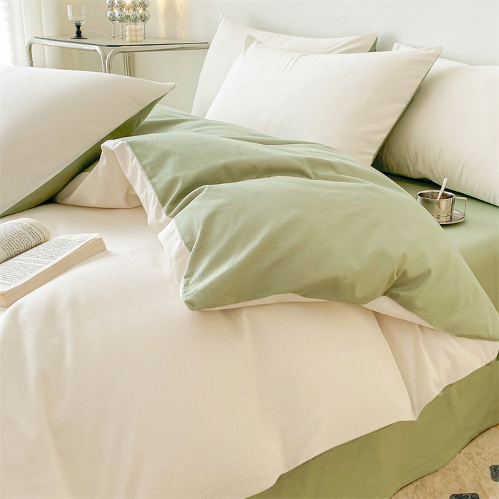 91家纺网 家纺一手货源 找家纺 眠帛 2023新款A类水洗棉拼色四件套—简系列 简--奶昔白奶油绿