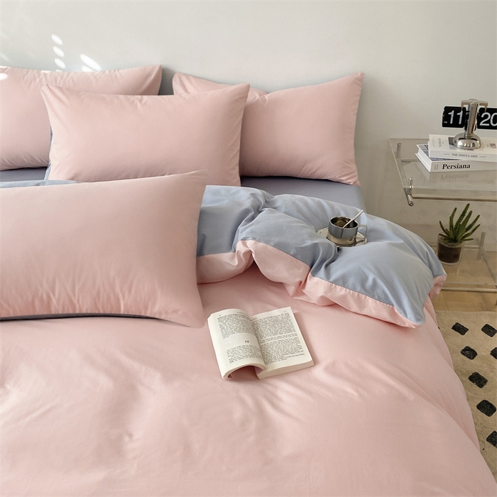 91家纺网 家纺一手货源 找家纺 眠帛 2023新款A类水洗棉拼色四件套—简系列 简--奶油粉蓝灰