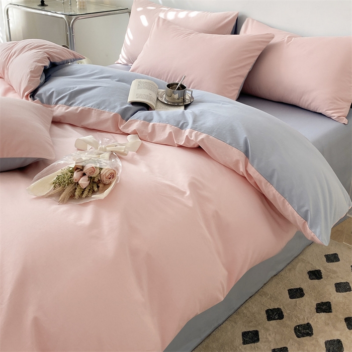 91家纺网 家纺一手货源 找家纺 眠帛 2023新款A类水洗棉拼色四件套—简系列 简--奶油粉蓝灰