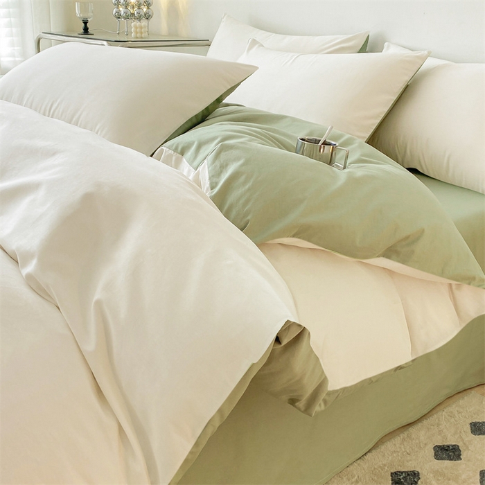 91家纺网 家纺一手货源 找家纺 眠帛 2023新款A类水洗棉拼色四件套—简系列 简--奶昔白奶油绿