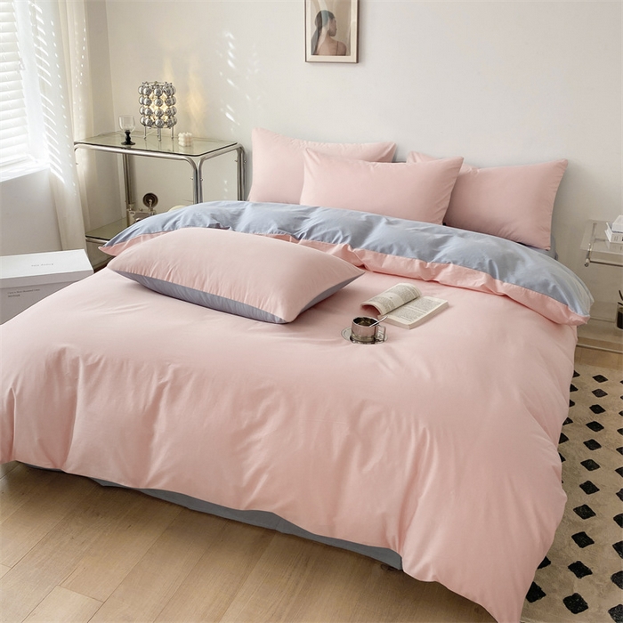 91家纺网 家纺一手货源 找家纺 眠帛 2023新款A类水洗棉拼色四件套—简系列 简--奶油粉蓝灰