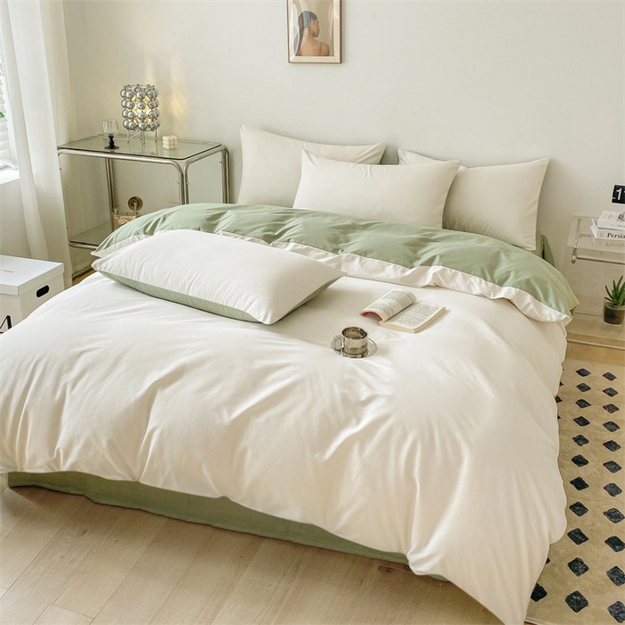 91家纺网 家纺一手货源 找家纺 眠帛 2023新款A类水洗棉拼色四件套—简系列 简--奶昔白奶油绿