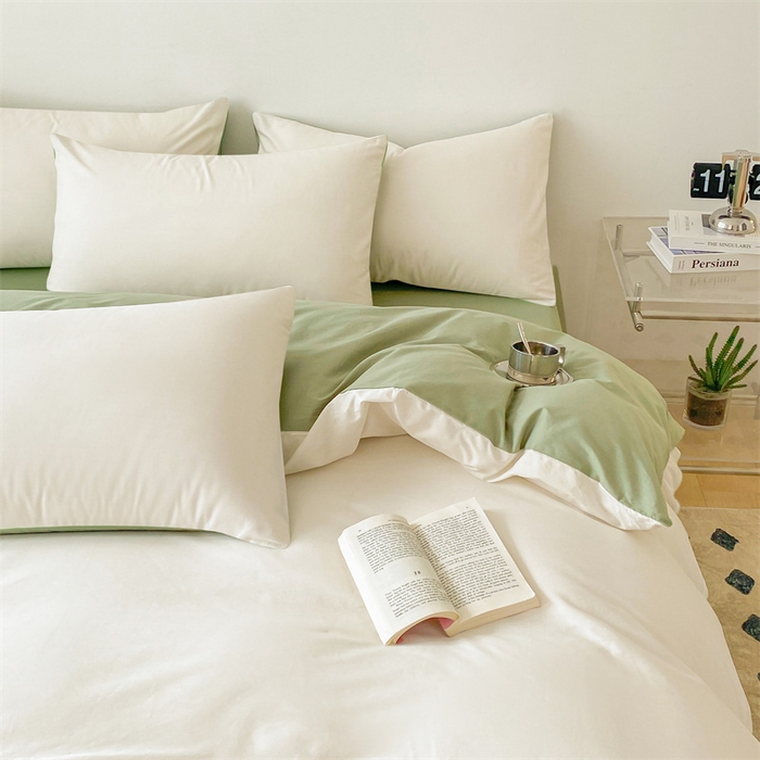 91家纺网 家纺一手货源 找家纺 眠帛 2023新款A类水洗棉拼色四件套—简系列 简--奶昔白奶油绿