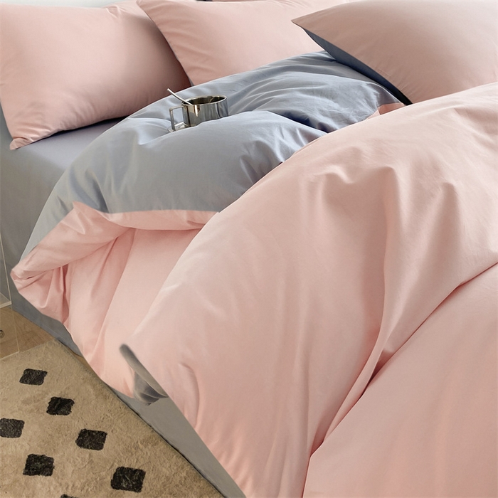 91家纺网 家纺一手货源 找家纺 眠帛 2023新款A类水洗棉拼色四件套—简系列 简--奶油粉蓝灰