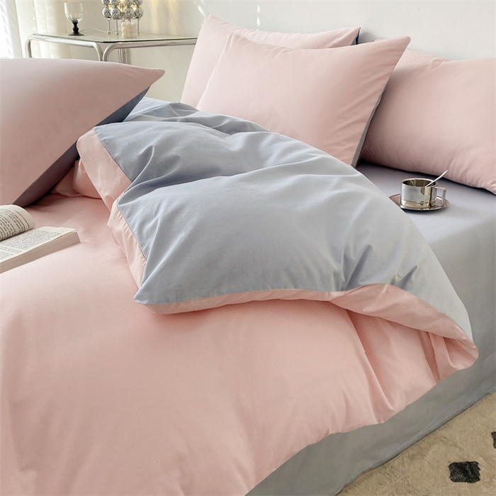 91家纺网 家纺一手货源 找家纺 眠帛 2023新款A类水洗棉拼色四件套—简系列 简--奶油粉蓝灰