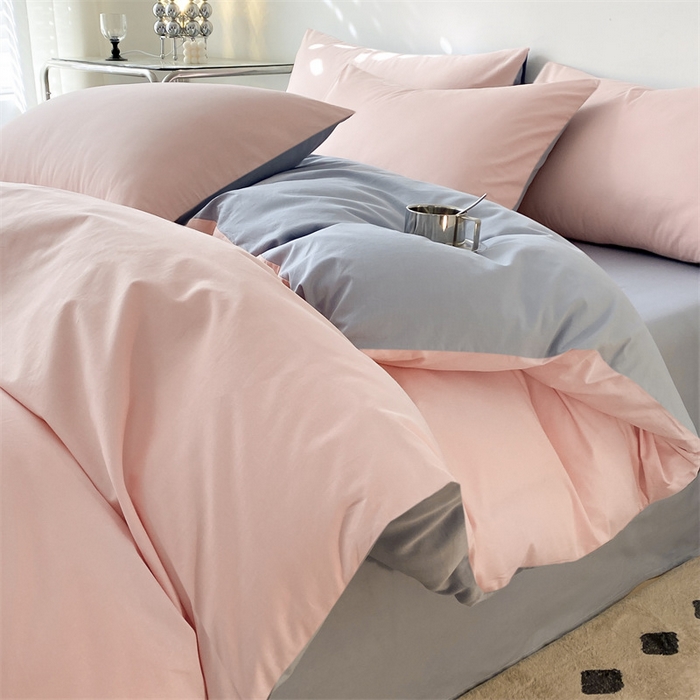 91家纺网 家纺一手货源 找家纺 眠帛 2023新款A类水洗棉拼色四件套—简系列 简--奶油粉蓝灰