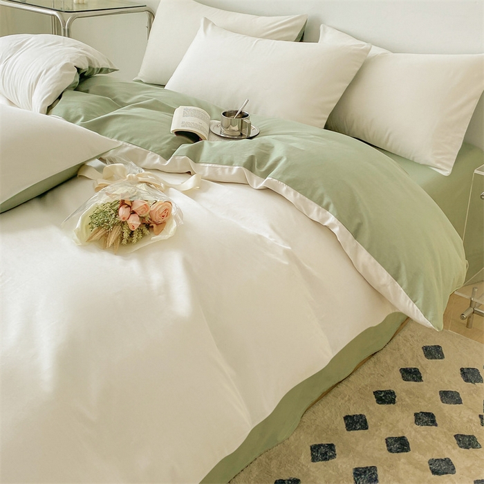 91家纺网 家纺一手货源 找家纺 眠帛 2023新款A类水洗棉拼色四件套—简系列 简--奶昔白奶油绿