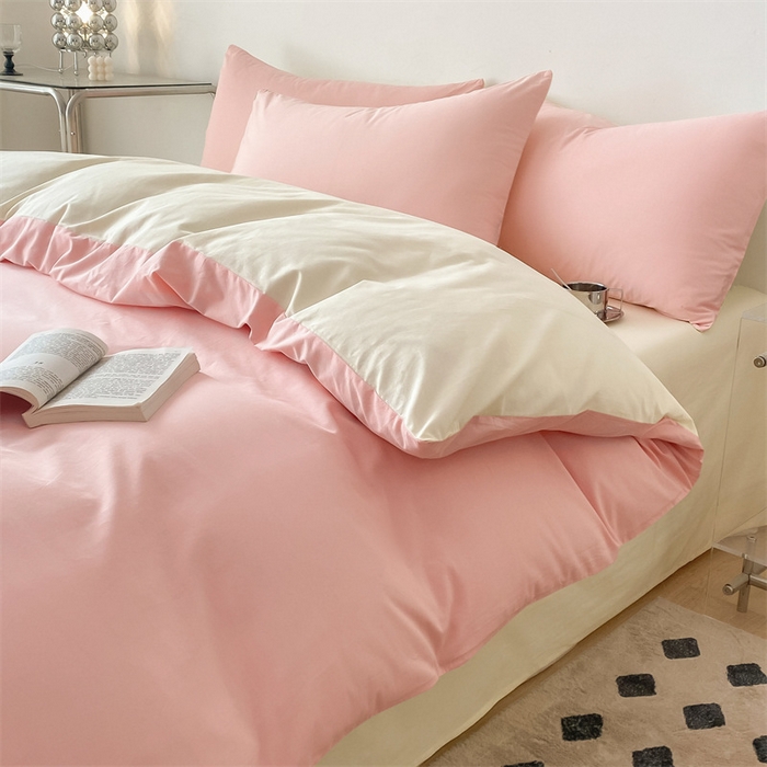 91家纺网 家纺一手货源 找家纺 眠帛 2023新款A类水洗棉拼色四件套—简系列 简--奶油粉奶黄