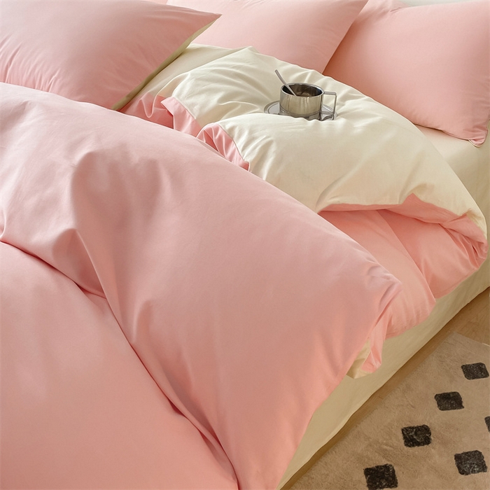 91家纺网 家纺一手货源 找家纺 眠帛 2023新款A类水洗棉拼色四件套—简系列 简--奶油粉奶黄