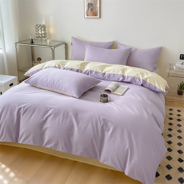 91家纺网 家纺一手货源 找家纺 眠帛 2023新款A类水洗棉拼色四件套—简系列 简--浅紫奶黄