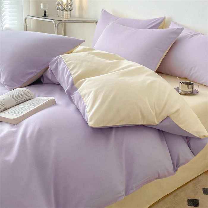 91家纺网 家纺一手货源 找家纺 眠帛 2023新款A类水洗棉拼色四件套—简系列 简--浅紫奶黄