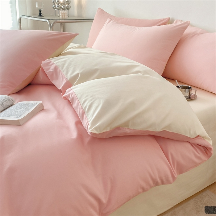 91家纺网 家纺一手货源 找家纺 眠帛 2023新款A类水洗棉拼色四件套—简系列 简--奶油粉奶黄