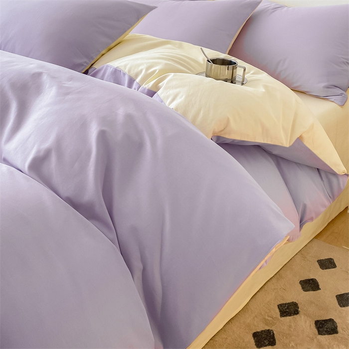 91家纺网 家纺一手货源 找家纺 眠帛 2023新款A类水洗棉拼色四件套—简系列 简--浅紫奶黄