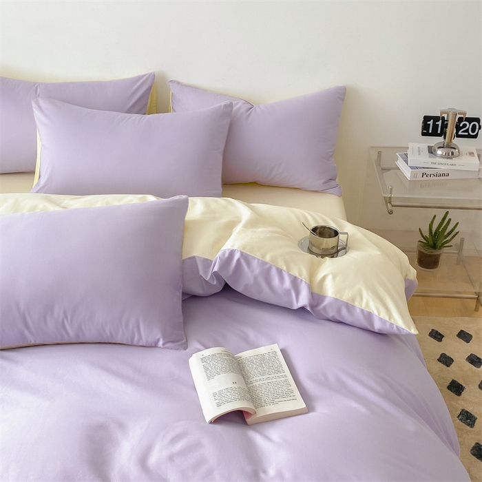 91家纺网 家纺一手货源 找家纺 眠帛 2023新款A类水洗棉拼色四件套—简系列 简--浅紫奶黄