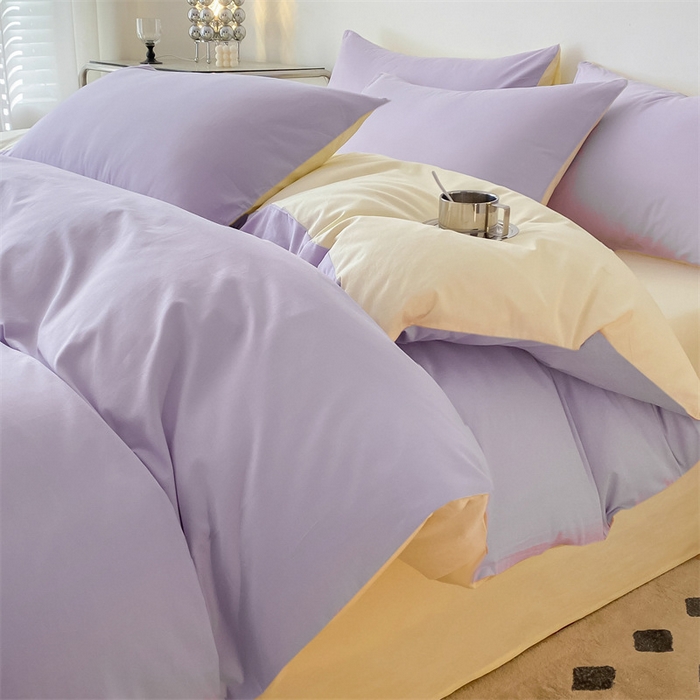 91家纺网 家纺一手货源 找家纺 眠帛 2023新款A类水洗棉拼色四件套—简系列 简--浅紫奶黄