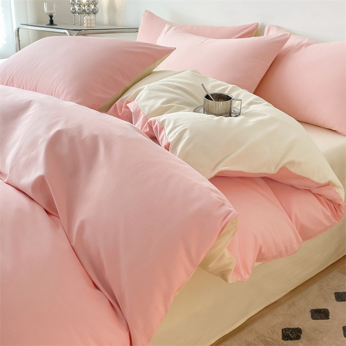 91家纺网 家纺一手货源 找家纺 眠帛 2023新款A类水洗棉拼色四件套—简系列 简--奶油粉奶黄