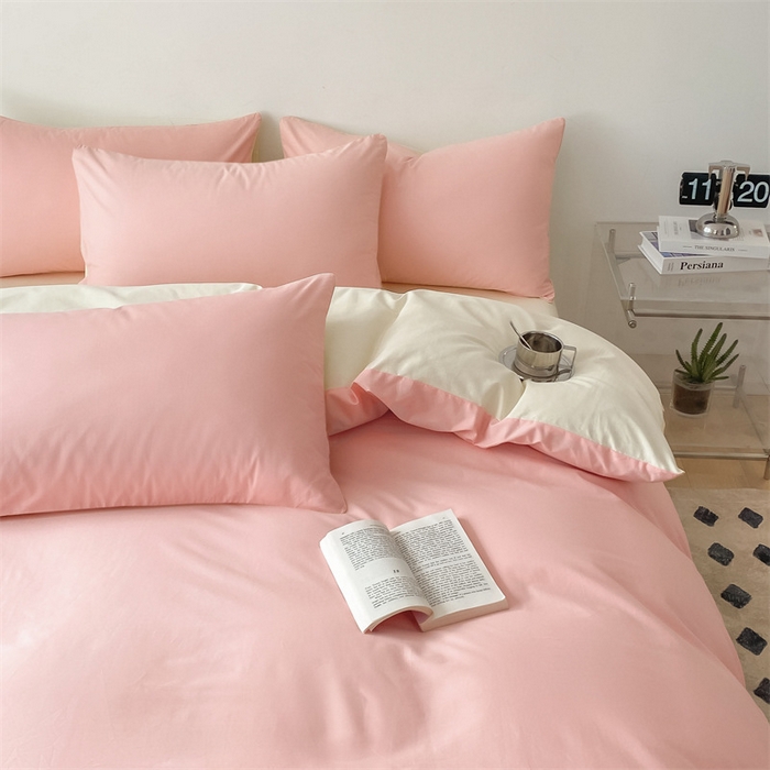 91家纺网 家纺一手货源 找家纺 眠帛 2023新款A类水洗棉拼色四件套—简系列 简--奶油粉奶黄