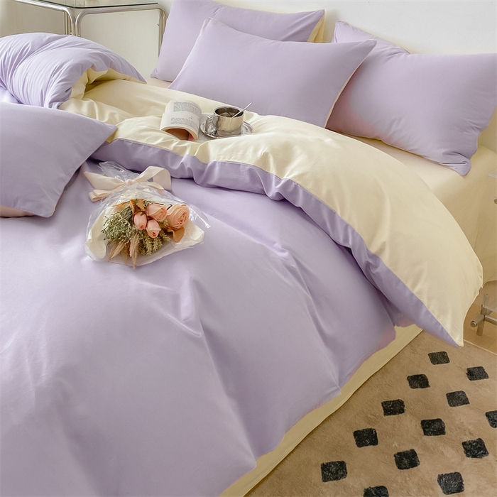 91家纺网 家纺一手货源 找家纺 眠帛 2023新款A类水洗棉拼色四件套—简系列 简--浅紫奶黄