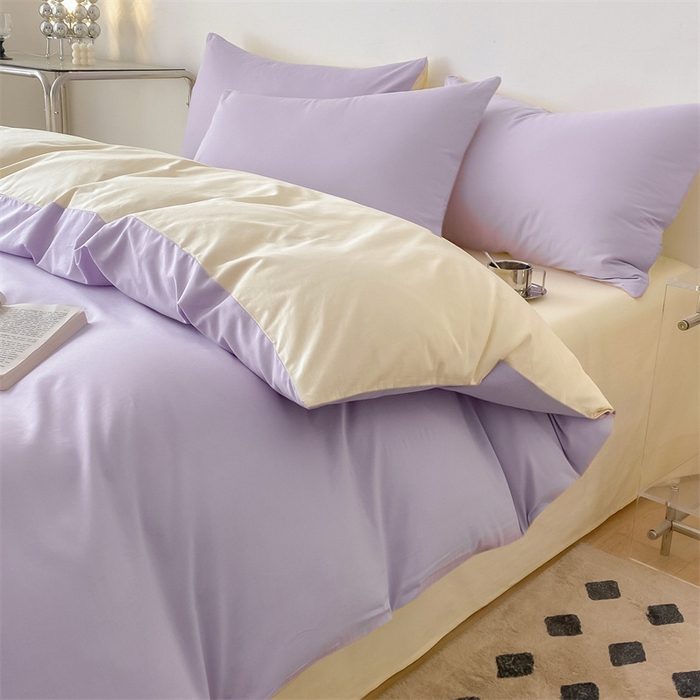 91家纺网 家纺一手货源 找家纺 眠帛 2023新款A类水洗棉拼色四件套—简系列 简--浅紫奶黄