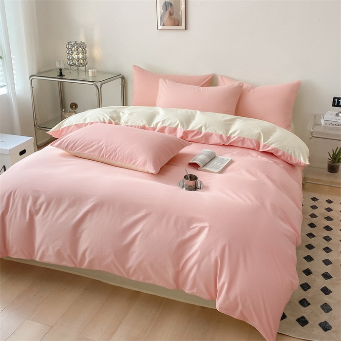 91家纺网 家纺一手货源 找家纺 眠帛 2023新款A类水洗棉拼色四件套—简系列 简--奶油粉奶黄