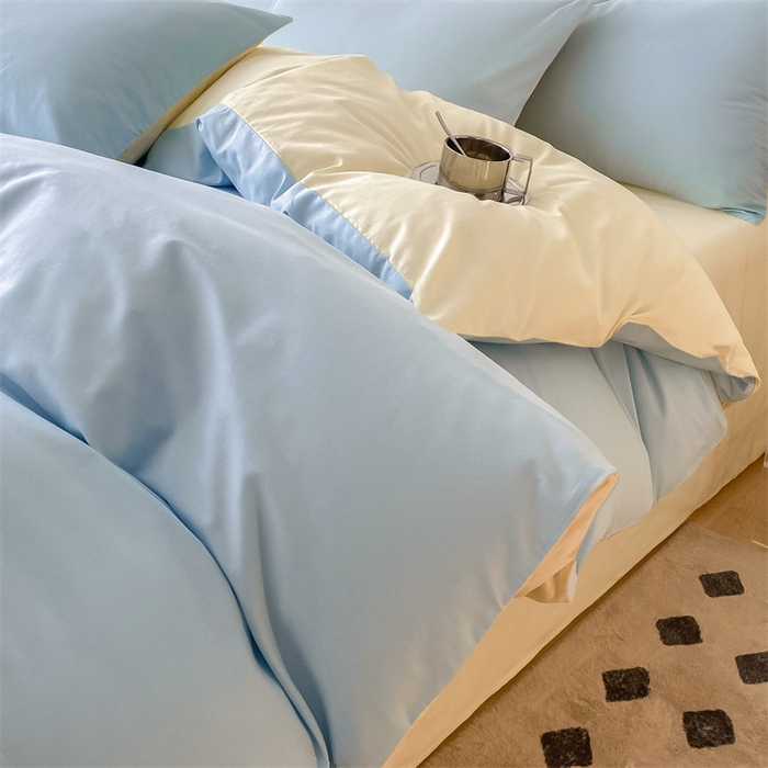 91家纺网 家纺一手货源 找家纺 眠帛 2023新款A类水洗棉拼色四件套—简系列 简--天空蓝奶黄
