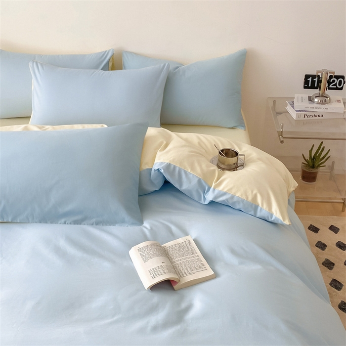 91家纺网 家纺一手货源 找家纺 眠帛 2023新款A类水洗棉拼色四件套—简系列 简--天空蓝奶黄