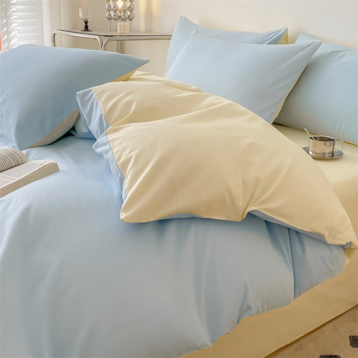 91家纺网 家纺一手货源 找家纺 眠帛 2023新款A类水洗棉拼色四件套—简系列 简--天空蓝奶黄