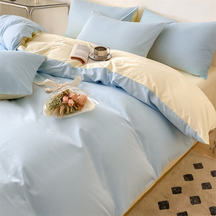 91家纺网 家纺一手货源 找家纺 眠帛 2023新款A类水洗棉拼色四件套—简系列 简--天空蓝奶黄