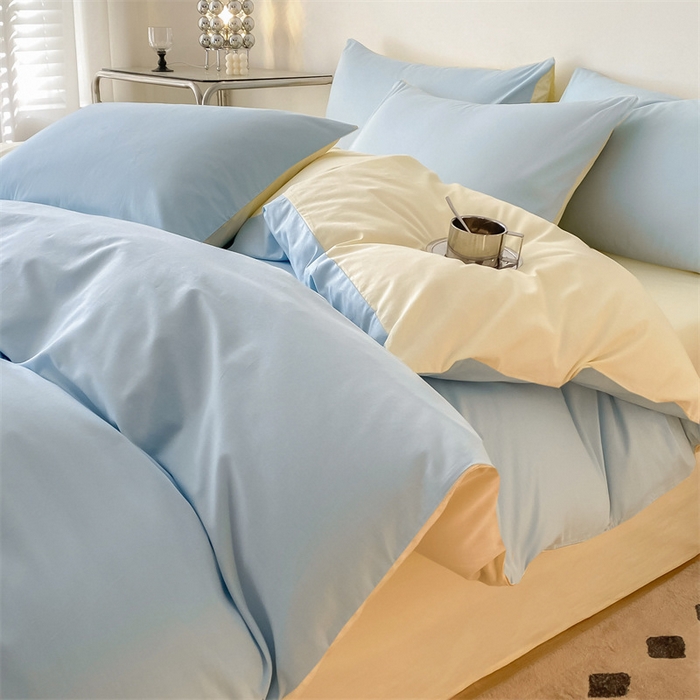 91家纺网 家纺一手货源 找家纺 眠帛 2023新款A类水洗棉拼色四件套—简系列 简--天空蓝奶黄
